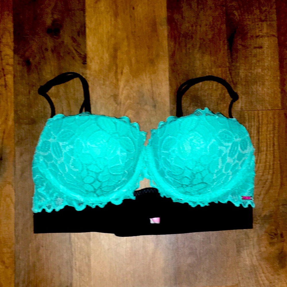 VS PINK Teal Lace Balconette Bra with Black Band 34C Underwire Padded Push Up